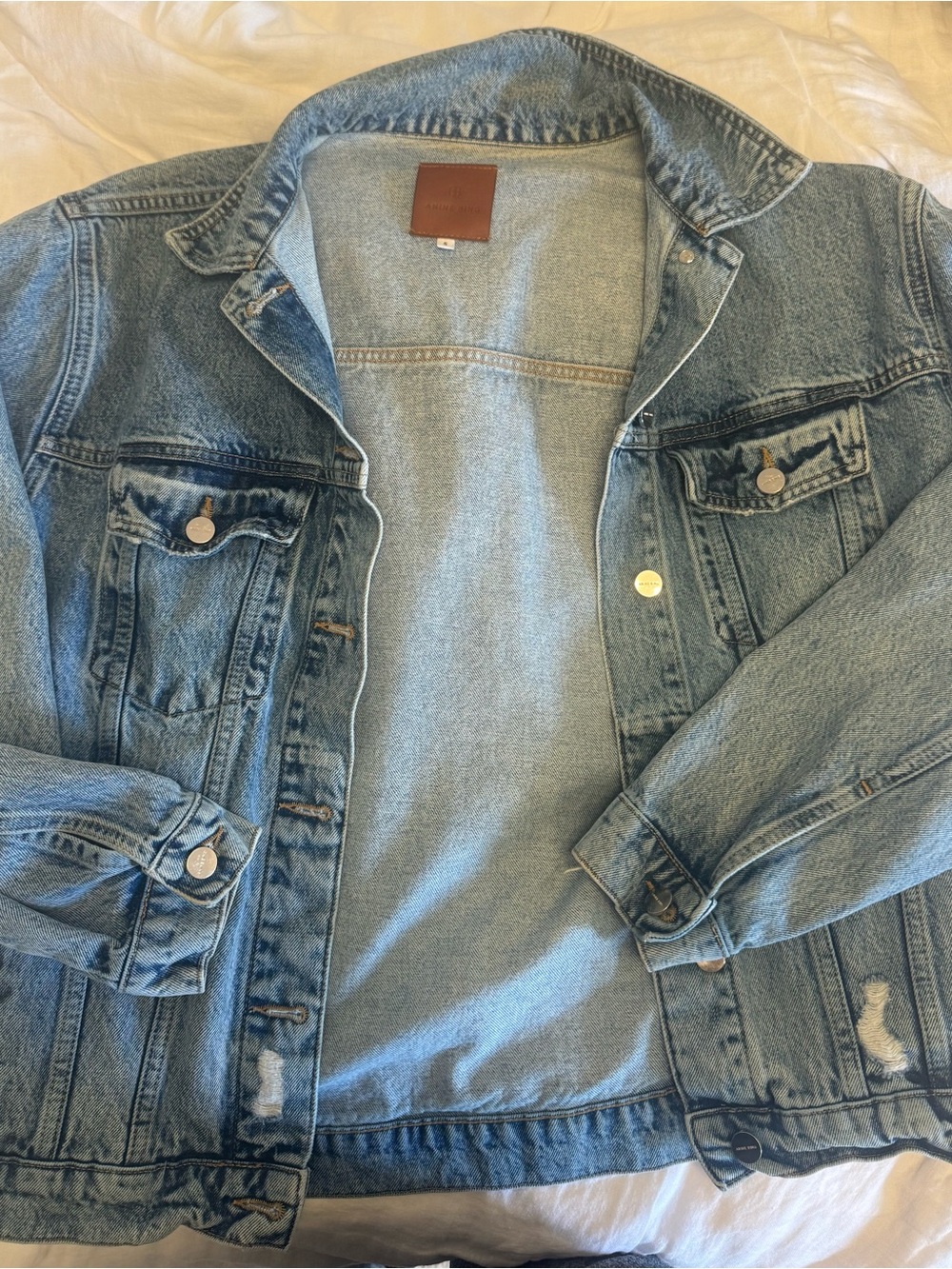 Anine Bing Light Blue Denim Jacket with Brown Leather Patch